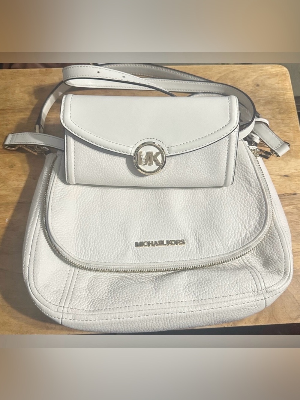 Michael Kors Off White Leather Crossbody Bag + Wallet 2 Piece Set